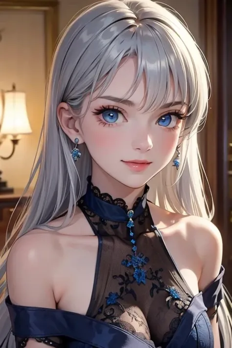 (masterpiece: 1.2, Best Quality), (Actual Photos, Intricate details), 1. woman, Alone, Casual upper body, Shoulder-length hair, Minimal makeup, Natural materials, Face closeup smiling, Home,((Silver Hair)).blue eyes, Bare shoulders、Smiling with teeth showi...