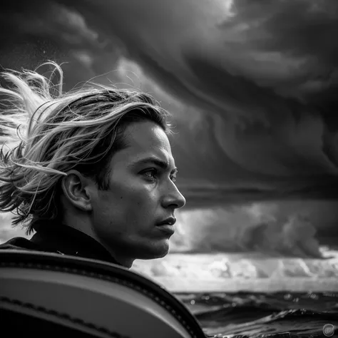 Closeup of the face of a lone sailor in the foreground, on a small fishing boat in the middle of a raging sea, high-contrast black and white photographic style, with a stormy sky in the background, rough sea, impressive waves, light bokeh on the water drop...