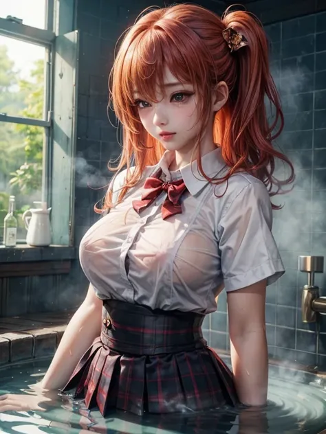 big breasts , big tits , thai school girl , long skirt dark red , long plaid skirt , pleated skirt , red knot , steam , wet and sweaty , Soak in water , honoka dead or alive ,