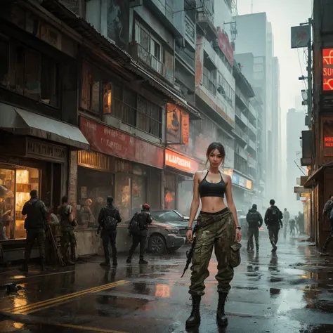 Samdos Arts; Winning half-body portrait of a beautiful woman wearing crop top and cargo pants, Military boots, Standing on the street, a faint smile,  Paint splashes, Tie your hair up, Splash, Overtake, Vaporware,  Digital Art, Trending on Art Station, Ext...