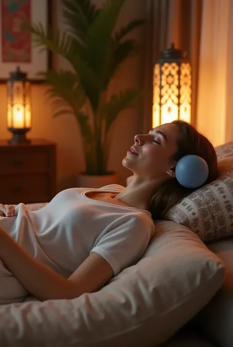 Images of someone relaxing on a couch or in bed using the massager after a long day. Include a modern Qatari living room setting, with traditional Arabic décor elements like cushions or lamps.

Arabic Caption: "استرخِ في المنزل بعد يوم طويل مع جهاز المساج....