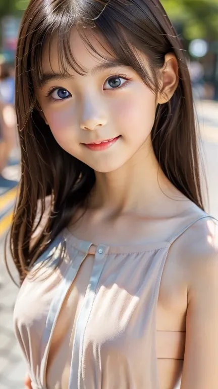 (Very delicate and beautiful face, Exquisite thin lips, Double Eyelids, Well-shaped nose, Straight nose)、(((とてもcute小学生))), (smile), Round face、Small face, Japanese Girls, ( Glossy Lips:1),from the front,Kind eyes,Childish、(((whole body:1.5)))、Semi-long、Bla...