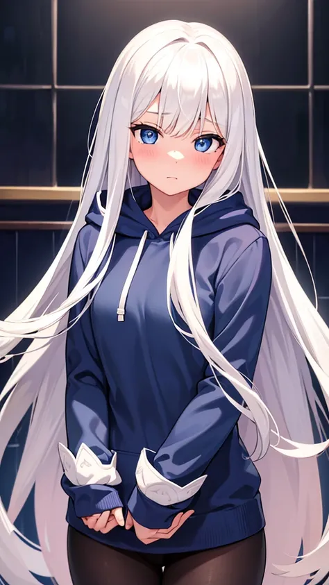 High Resolution, Masterpiece, Best Quality, High Details, Super Detailed, 1girl, Solo, Long Hair, Blue eyes, Simple background, indoor, perfect eye, detailed face, blushing, blur backround, detailed eye, innocent, Bokeh photography, blue hoodie, white hair...