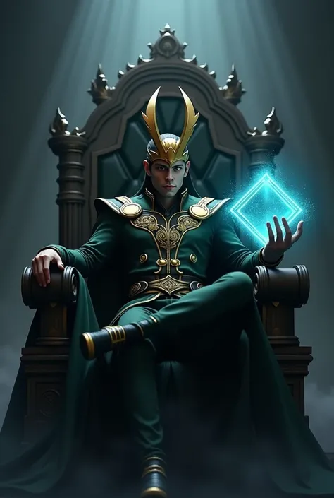 Generate a 3D realistic anime-style, dark AMOLED-themed wallpaper in 1080x2160 resolution. Loki, the God of Mischief, is sitting on a grand shadowy throne with a mischievous smirk. He wears his iconic gold horned helmet and detailed dark green robes, adorn...