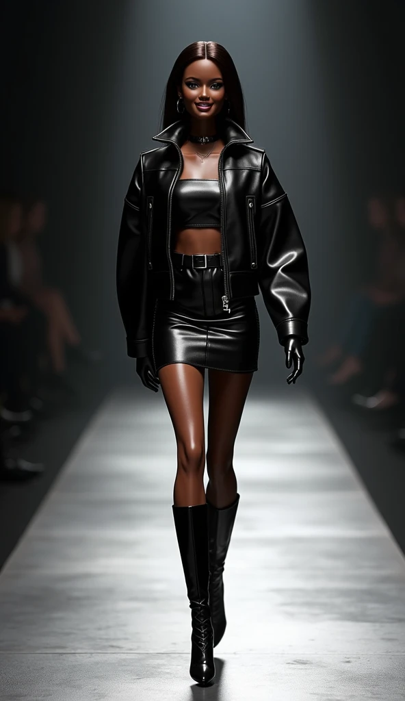 Barbie walks down the catwalk wearing a black leather jacket and skirt, Thierry Mugler, wearing a full leather outfit, wearing leather, leather clothes, leather clothes, leather clothes and boots, adut akech, black haute couture, wearing a jacket and skirt...