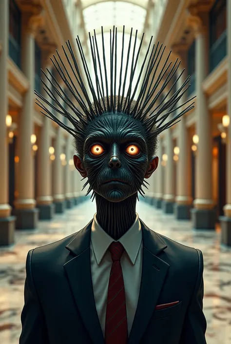 A portrait of a man whose head is a rake, looking at viewer, anime style, The background is the corridor of a large business conglomerate, vivid colors, perfect lighting
