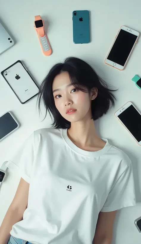 live-action、Genuine、A very beautiful Japanese high school girl wearing a white T-shirt with the APPLE logo on it、Black Hair、Short Hair、A woman lying on a pure white floor、whole body、A woman lies on the floor surrounded by a wide variety of colorful APPLE p...