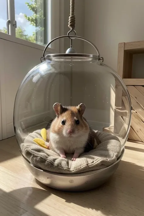 imaginer un hamster âgé confortablement installé dans un coin douillet de sa cage. Le sol est recouvert dune litière douce et moelleuse, et le hamster se repose sur un petit coussin, profitant dun moment de tranquillité. Ses yeux sont à moitié fermés, expr...