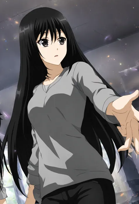 1girl, black hair, long hair, hair between eyes, black eyes, young adult, CG