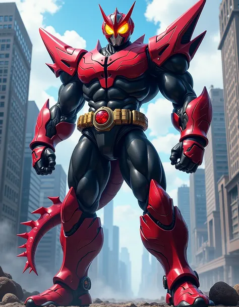 KamenRIder, KUUGA, red, Big muscles (Pectoral muscles, Triceps, trap) Abnormally developed muscular body, (((Metal gauntlets with long claws, crotch armor, Chest Armor, Dragon Tail, redい目))), Standing with your legs apart, Cityscape, Muscular man, good loo...