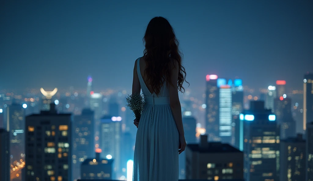 night、Skyscraper rooftop, Spotlights shine from all directions, Young Russian brunette standing facing, 2, Wearing a white sheer long knit dress, Slender body, Long legs, Narrow waist, Beautiful and kind, Chic dressed girl, Sheer white dress, Long curly ha...