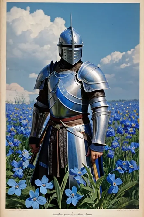 knight in armor and sword  ,  blue flowers ,angle plane 