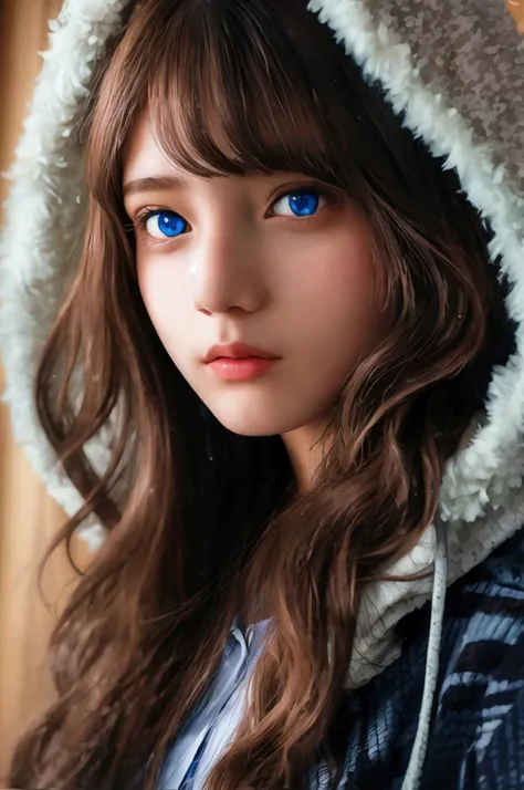 High school student uniform and hoodie girl long hair, Brown Hair, 
blue eyes, 