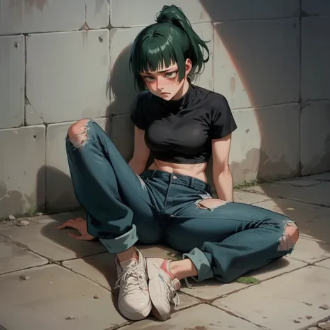 maki zenin, dark green hair, hair tied in a ponytail, wearing tight black top, ripped short jeans, ultra detailed green eyes, fl...