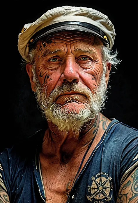 a weathered old sailor with nautical tattoos, rugged expression, strong facial features, detailed eyes and face body, dramatic l...