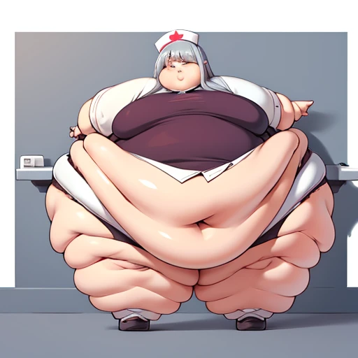 Extremely obese women, Nurse uniform,nurse,Very fat lump, Long silver hair, Very large, A flabby belly that hangs down to the knees, [Fat Belly,Very thick thighs,Big swollen ass,Very large arms,Too heavy to move