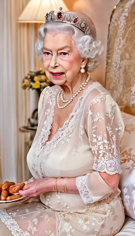 (gorgeous queen elizabeth 80yo:1.3) (eating a juicy frankfurter:1.3), (huge breast:1.4), (profile side:1.4), Passionate, kneeling on a bed, (((chiffon beige shirt see through a lace bra))), lipsticks, Pearl Necklace