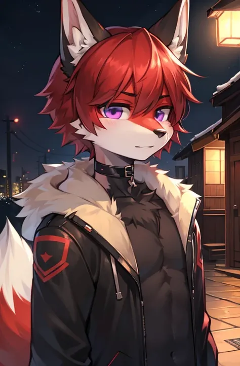 (Artist by zackary911, 8k, high quality, detailed eyes and fur, night, residents background), solo, male fox, anthro, red satured fur, red body, male body, purple eyes, black ears, red hair, short hair, hair cover eye, hands white, choker, eyeliner black, ...