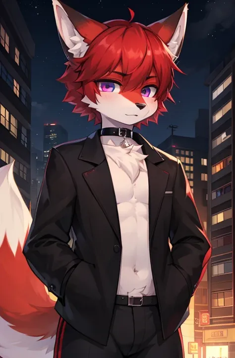 (Artist by zackary911, 8k, high quality, detailed eyes and fur, night, residents background), solo, male fox, anthro, red satured fur, red body, male body, purple eyes, black ears, red hair, short hair, hair cover eye, hands white, choker, eyeliner black, ...