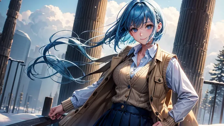 1girl, solo, trees, sun, clouds, winter, ((blue hair)), short hair, large breasts, button down shirt, ((shirt)), ((vest sweater)), ((unbuttoned shirt)), ((winter coat)), unbuttoning buttons, blue eyes, skirt, boots, smile, happy, looking at the viewer, sta...