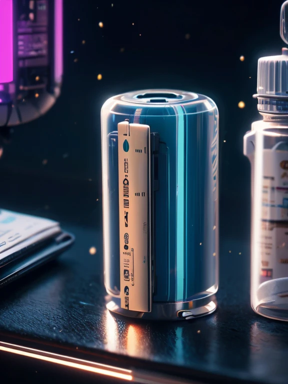 There is a small device, cylindrical L shape, that is sitting on a desk CyberpunkWorld compact portable medkit with cyan smoke, cyberpunk, sci-fi, tech, 24mm, (analog, cinematic, film grain:1.3), Bokeh DOF, (Masterpiece:1.3) (best quality:1.2) (high qualit...