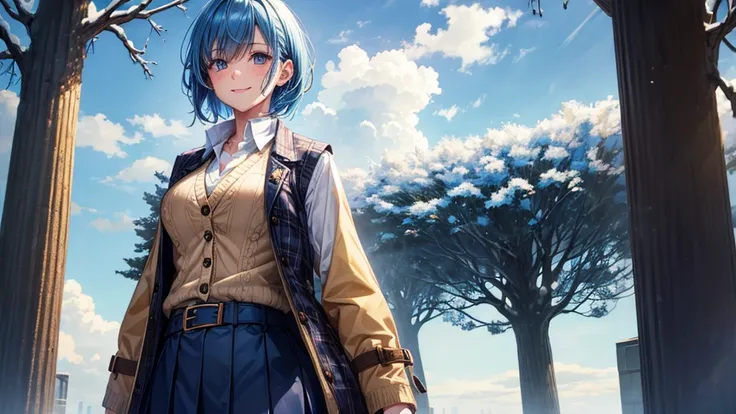 1girl, solo, trees, sun, clouds, winter, ((blue hair)), short hair, large breasts, button down shirt, ((shirt)), ((vest sweater)), ((unbuttoned shirt)), ((winter coat)), unbuttoning buttons, blue eyes, skirt, boots, smile, happy, looking at the viewer, sta...