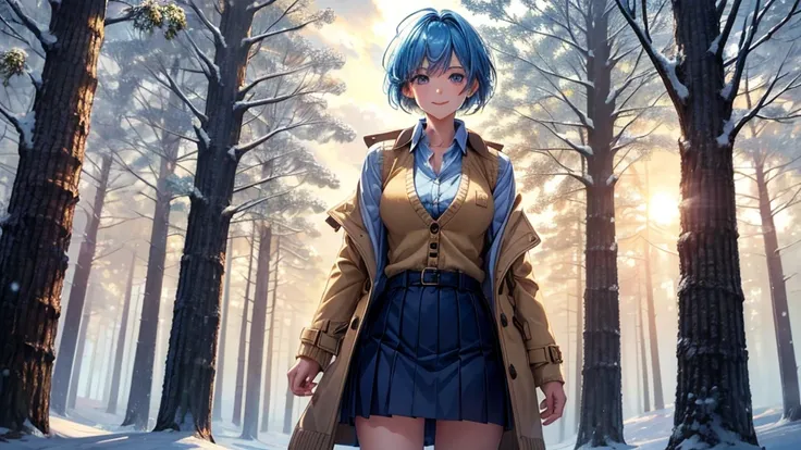 1girl, solo, trees, sun, clouds, winter, ((blue hair)), short hair, large breasts, button down shirt, ((shirt)), ((vest sweater)), ((unbuttoned shirt)), ((winter coat)), unbuttoning buttons, blue eyes, skirt, boots, smile, happy, looking at the viewer, sta...