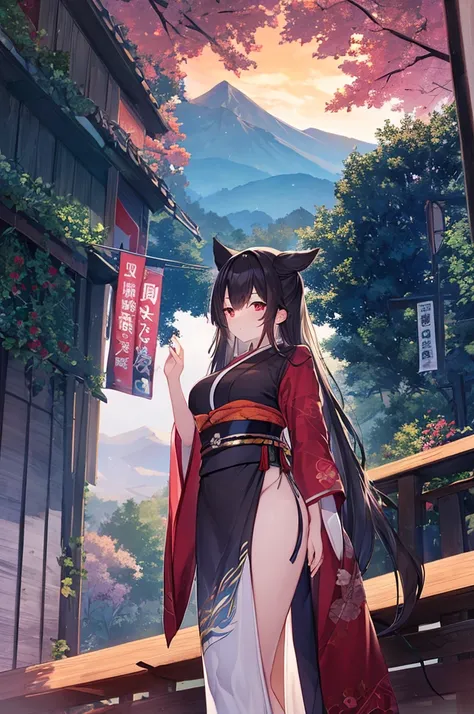 A girl with black bunned long hair and red eyes in a black kimono, stands against the backdrop of Japanese mountains, big breasts, view from below