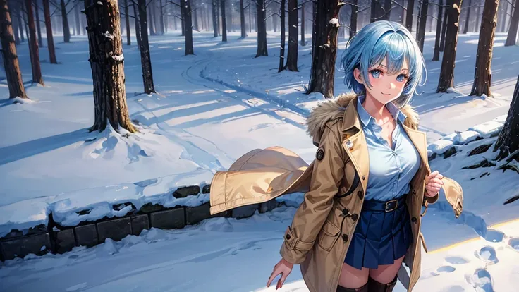 1girl, solo, trees, sun, clouds, winter, ((blue hair)), short hair, large breasts, button down shirt, ((shirt)), ((unbuttoned shirt)), ((winter coat)), unbuttoning buttons, blue eyes, skirt, boots, smile, happy, looking at the viewer, standing, golden neck...