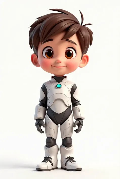 Masterpiece, perfect lighting, best quality, Pixar style, 3D cartoon image, cute boy, plain white background, brown hair, white skin, cool AI-style outfit, futuristic human, gentle smile, half-body image, eye-level view, high resolution, 4K
