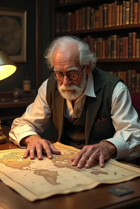 Elderly man who works with maps cartographer classic clothes from old times of the profession with the best quality best effects best shadows best lighting 8k 