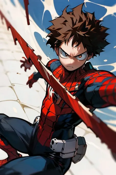 create a version of peter parker (spider-man)  in the universe of boku no hero academia with the academy uniform ua, short brown...