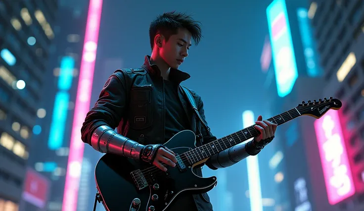 A young adult male wearing a cyborg costume, playing an electric guitar with his human hand, while his other arm is a sleek robotic prosthetic. He stands confidently between two towering skyscrapers, surrounded by vibrant neon lights that illuminate the da...