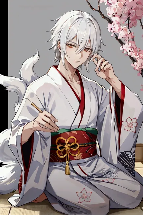 a white-haired kitsune boy with golden eyes marked with the part of his yukata open