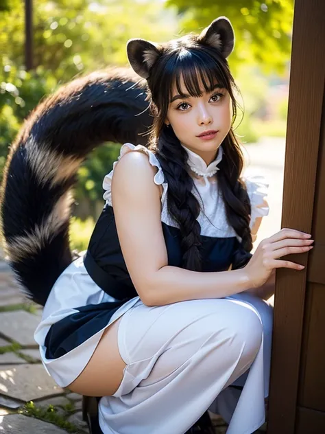 ((Best Quality, 8k)), ((masterpiece)), (Highest Resolution), Perfect Face, Woman with raccoon ears, Woman with a tail, Beautiful woman, She is a housekeeper, This was taken outside the castle, Only one tail, She has thick thighs, Her big raccoon tail, I ca...