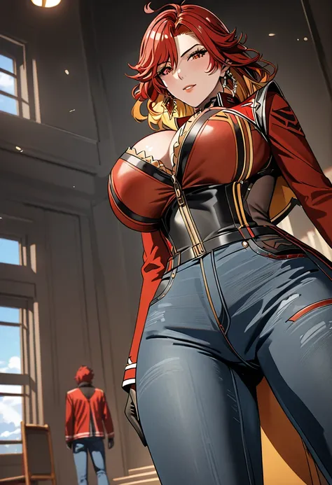 (Masterpiece), (detailed anime style), (super detailed), (perfect work), (4k), you are suffering, lovely, Madura, red jacket, fitted jeans, very big breasts, I will trace the great,