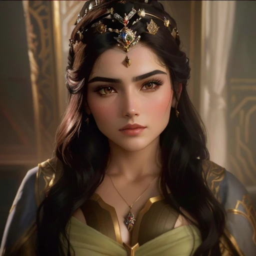 close up of woman in tia on bed, as a medieval fantasy character, Dorn, medieval princess, young woman like Genghis Khan, The Persian Queen, Persian princess, but she has a stern look, Princess Jasmine Morgana, still from a science fiction film, Maya Ali i...