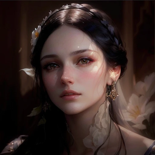 araphed image of a woman with a flower in her hair, beautiful face!!!!, very beautiful face, beautiful face!!, beautiful face!, masterpiece! portrait Arwen, beautiful face!!, beautiful gentle face, beautiful girl, Morgana, Ruan Jia is beautiful!, fanart, D...