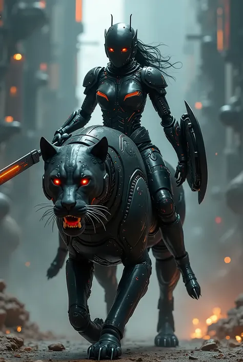 A stunning armoroid lady equipped with a sword and shield, riding on a space android black leopard, highly intricate details, vibrant colors, (best quality,4k,8k,highres,masterpiece:1.2),ultra-detailed,(realistic,photorealistic,photo-realistic:1.37),detail...