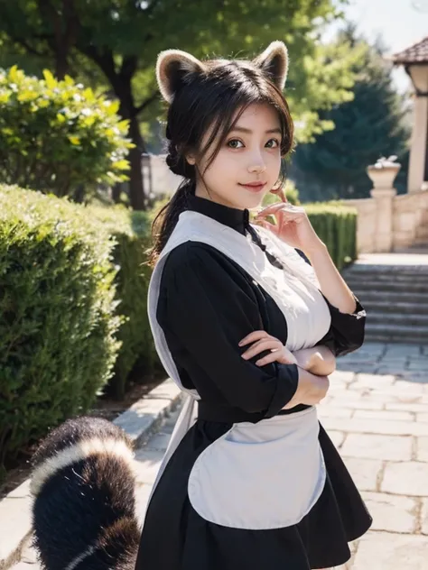 ((Best Quality, 8k)), ((masterpiece)), (Highest Resolution), Perfect Face, Woman with raccoon ears, Woman with a tail, Beautiful woman, She is a housekeeper, This was taken outside the castle, Only one tail, She has thick thighs, Her big raccoon tail, I ca...