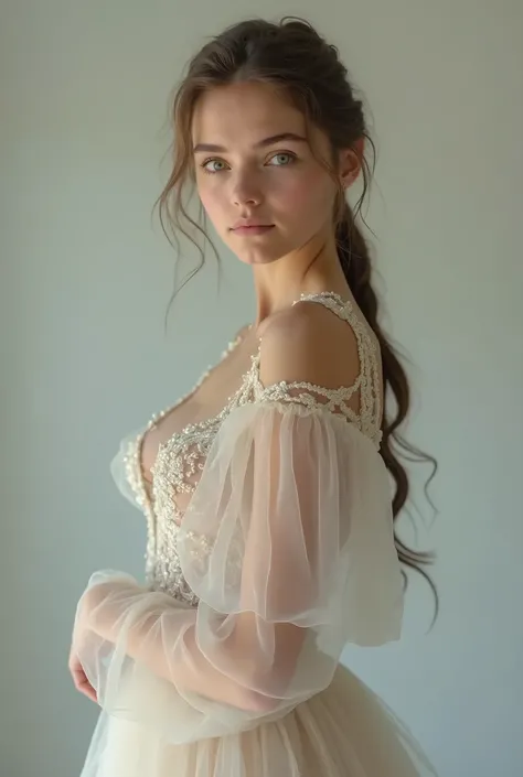 ((The best quality)), ((Masterpiece)), (detailed) photograph, young italian girl, 15 years, teen, king, green eyes, parts, model, Masterpiece, Transparent clothes, transparent dress, see through, realistic, 8K, full body, Photo session, Small breasts