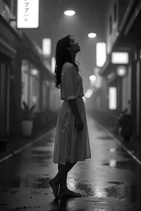 An Asian girl is standing on the street of the city in the pouring rain.She was wearing a thin white blouse and 1/3 quarter skirt,but no shoes.She has a sad face.She stretched her arms out to her sides and looking to the sky.Her feace and the sky were faci...