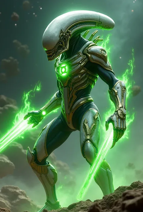 Xenomorph as green lantern corps member, white and golden xenomorph armor