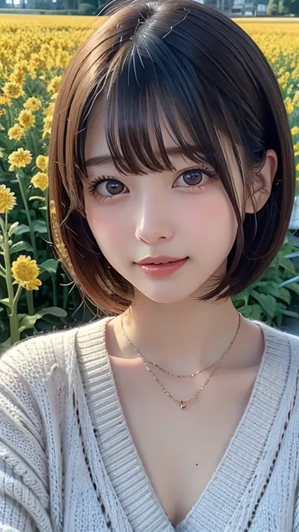 masterpiece、Best Quality、一人のgirl、(beautiful girl、繊細なgirl:1.3)、(:1.3)、Beautiful eyes、(Symmetrical eyes:1.3)、(Rape flower field:1.2)、(Adult Fashion、Knitted cardigan:1.3)、Small breasts、brown eyes、Parting of the bangs、Brown Hair、girl、(Eye and facial details:1....