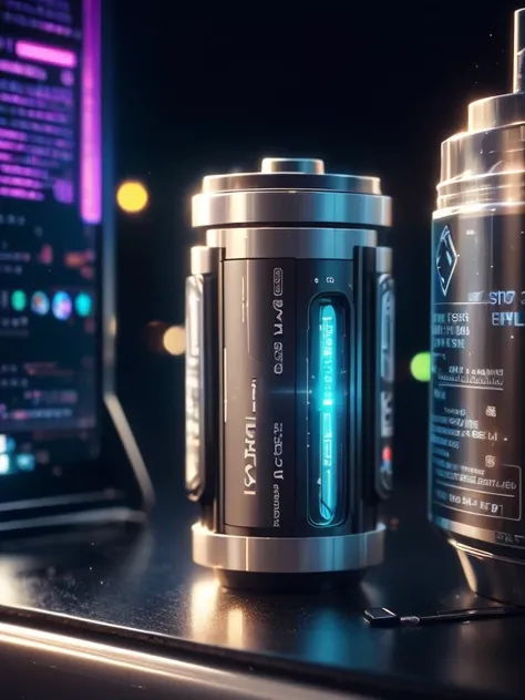 There is a small device, cylindrical shape, that is sitting on a desk CyberpunkWorld compact portable charger, cyberpunk, sci-fi, tech, 24mm, (analog, cinematic, film grain:1.3), Bokeh DOF, (Masterpiece:1.3) (best quality:1.2) (high quality:1.1)