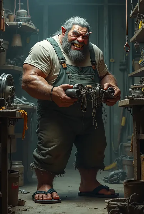 old fat orc with thin long grey hair and strong lower canines, strong body, wears dungarees and a protective t-shirt and flip-flops on her feet, grins cheekily, holding car parts in his hand, stands in a dimly lit garage for cars, cyberpunk, shadowrun, Bla...