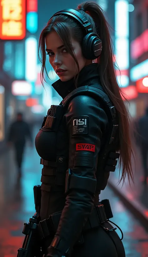 (masterpiece:1.2,of the highest quality,of the highest quality,Very detailed:1.2),8 k,wallpaper,(one woman),(scream),(Future female SWAT team members),(((The gun barrel is pointed at me:1.6))),(Extremely tight fitting black tactical suit),(tactical headset...