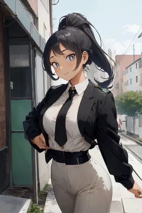 1girl,Nejire Hado, , standing outdoors on a sunny day, wearing a striking business suit with a twist


Her long, wavy blue hair is styled in a neat braid that falls over one shoulder, adorned with a few loose strands framing her face


She stands tall at 1...