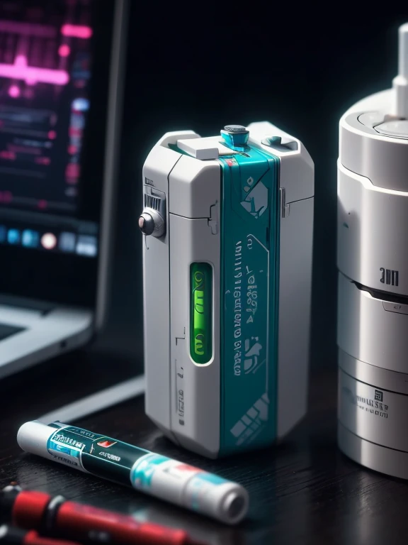 There is a small device, cylindrical shape, that is sitting on a desk CyberpunkWorld compact  medkit inhaler, cyberpunk, sci-fi, tech, 24mm, (analog, cinematic, film grain:1.3), Bokeh DOF, (Masterpiece:1.3) (best quality:1.2) (high quality:1.1)