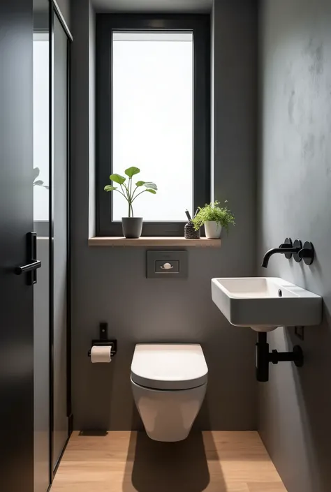 Create a small modern bathroom. There is a window on the wall where the toilet is. and on the right side there is a sink. the window is black. the floor is wood-effect porcelain, the walls are gray with cladding 